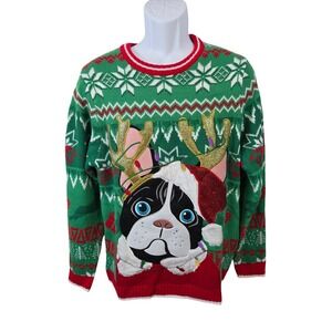 Holiday Time Mens Green French Bulldog Reindeer Ugly Christmas Sweater Medium